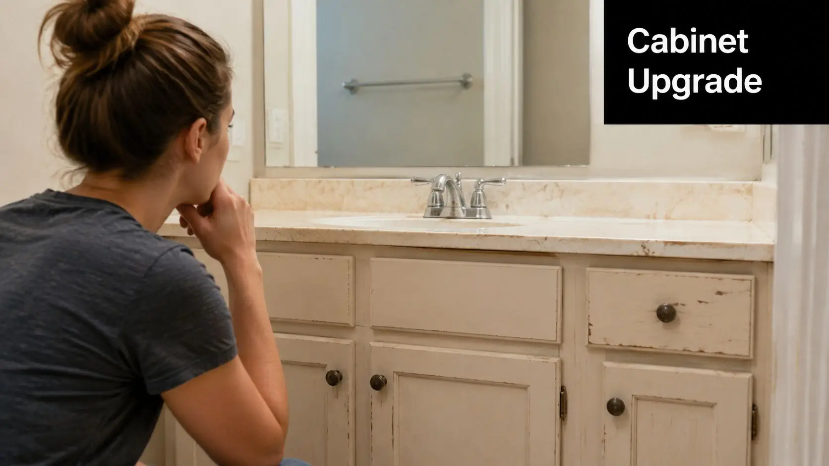 A young woman contemplating bathroom renovations while looking at an old cream-colored vanity cabinet and mirror.