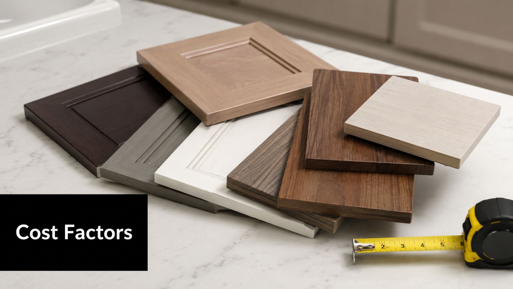 A collection of various wood and laminate cabinet door samples displayed on a white marble countertop surface.