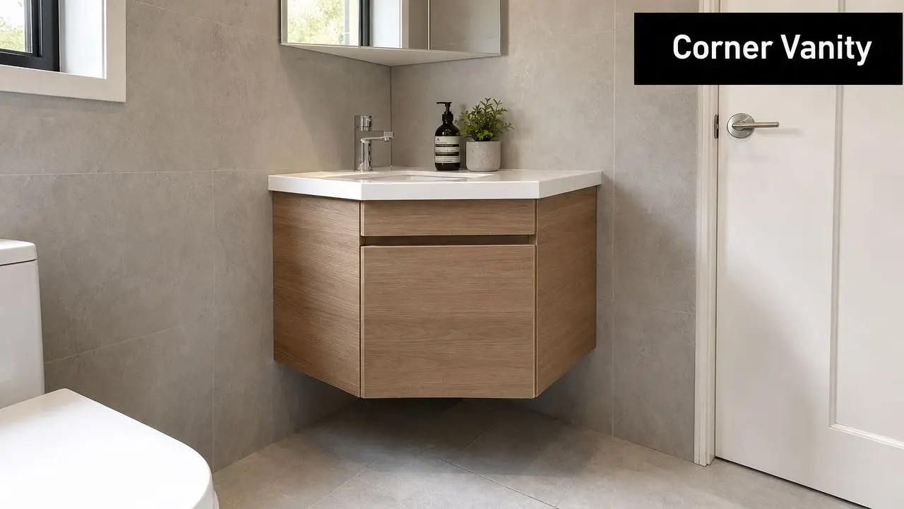 A modern floating wooden corner vanity with a white basin mounted in a minimalist grey bathroom.