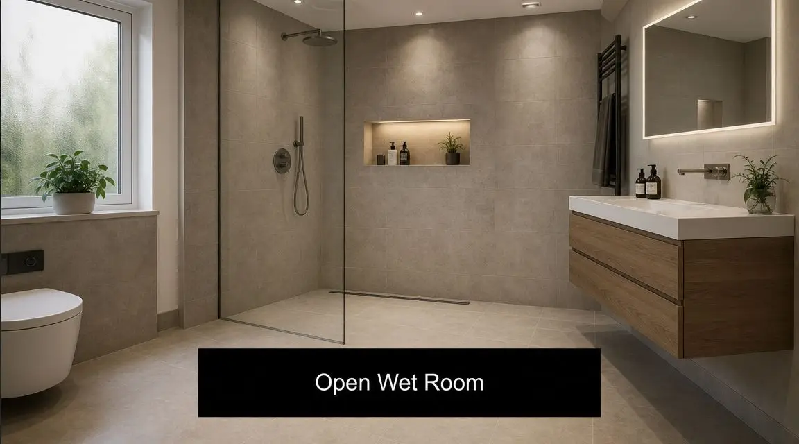 A modern, small ensuite bathroom featuring a walk-in wet room shower with beige tiled walls and floating vanity.