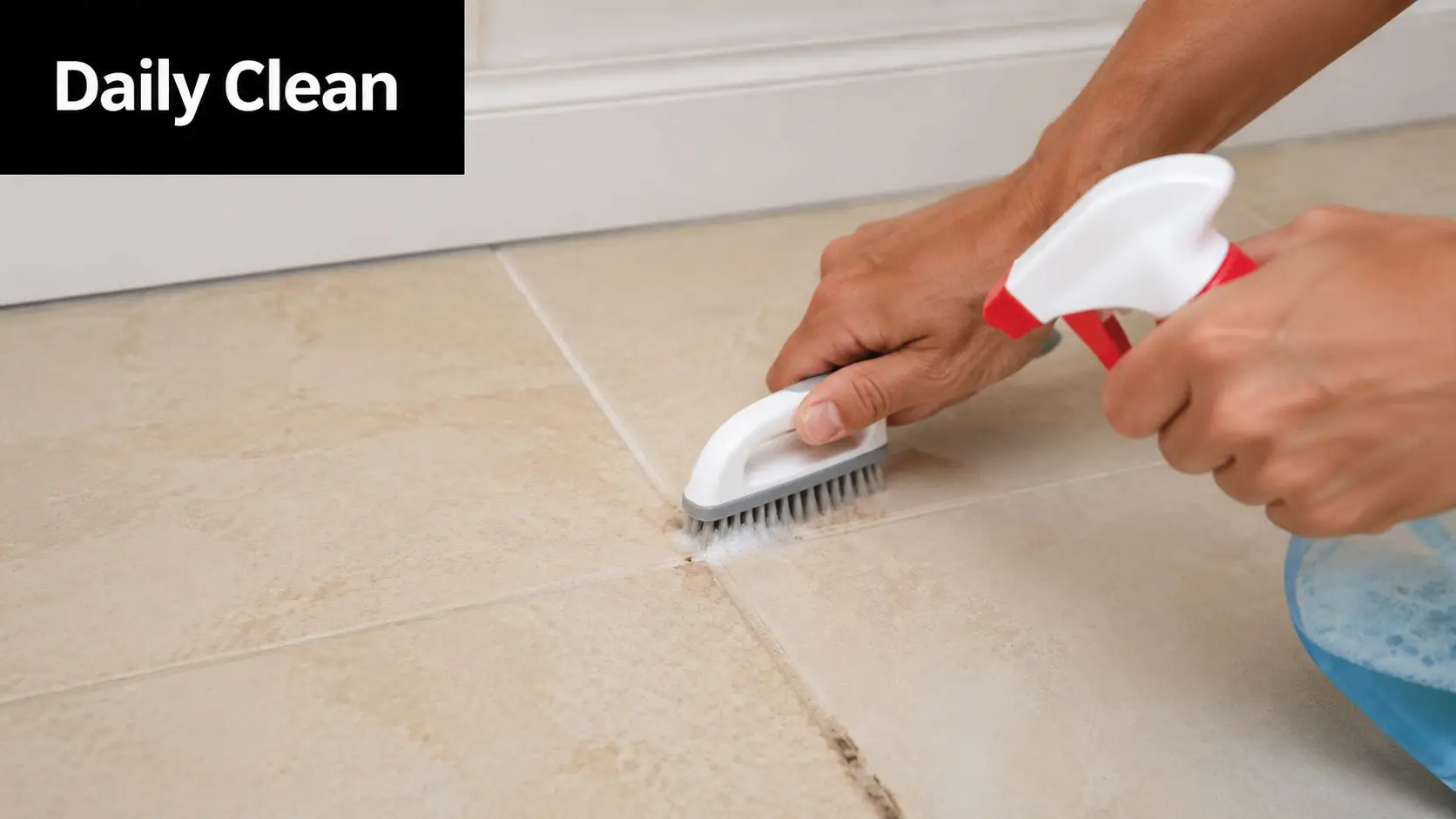 A person scrubbing light-colored floor tile grout with a small white brush and a spray bottle.