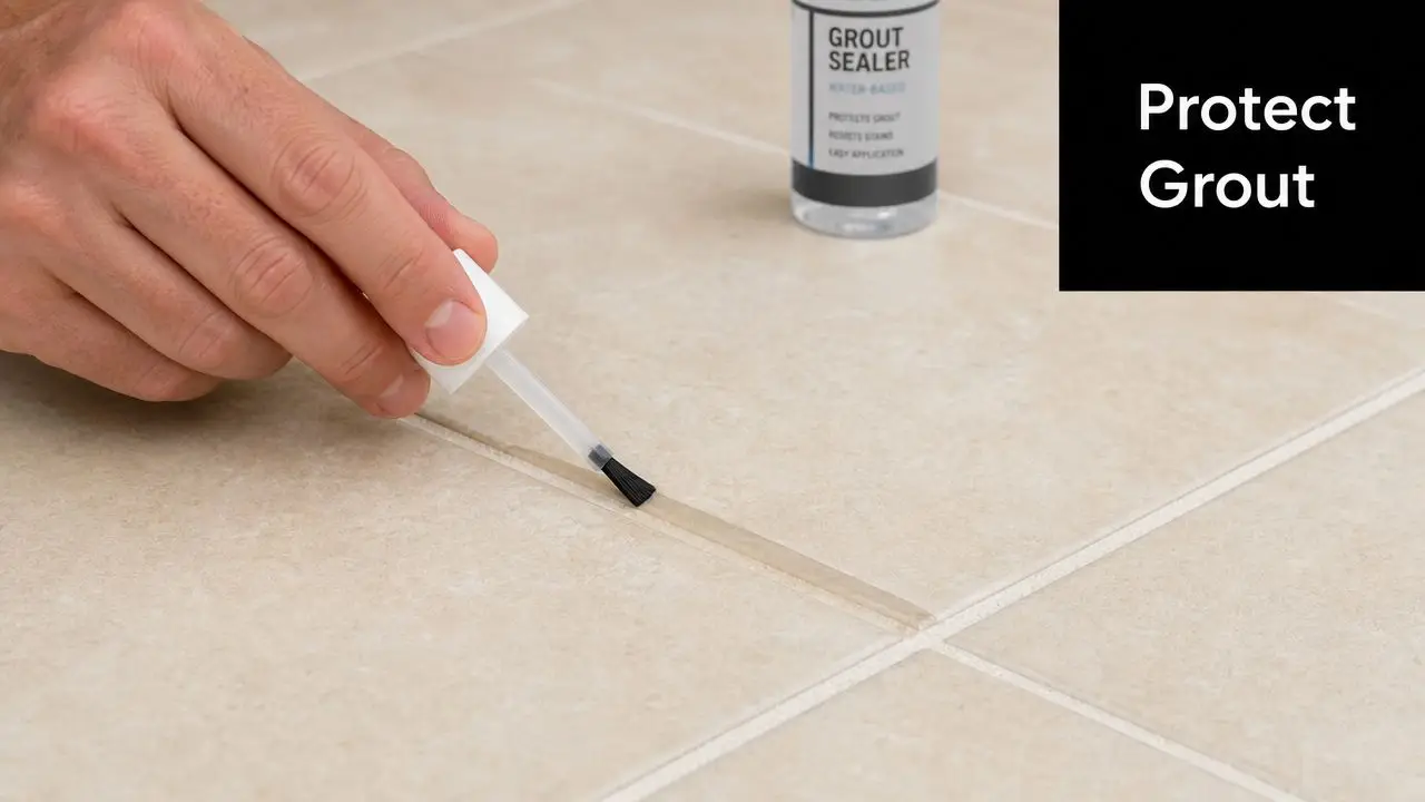 A person applies protective sealer to light beige floor tile grout lines using a small applicator brush.