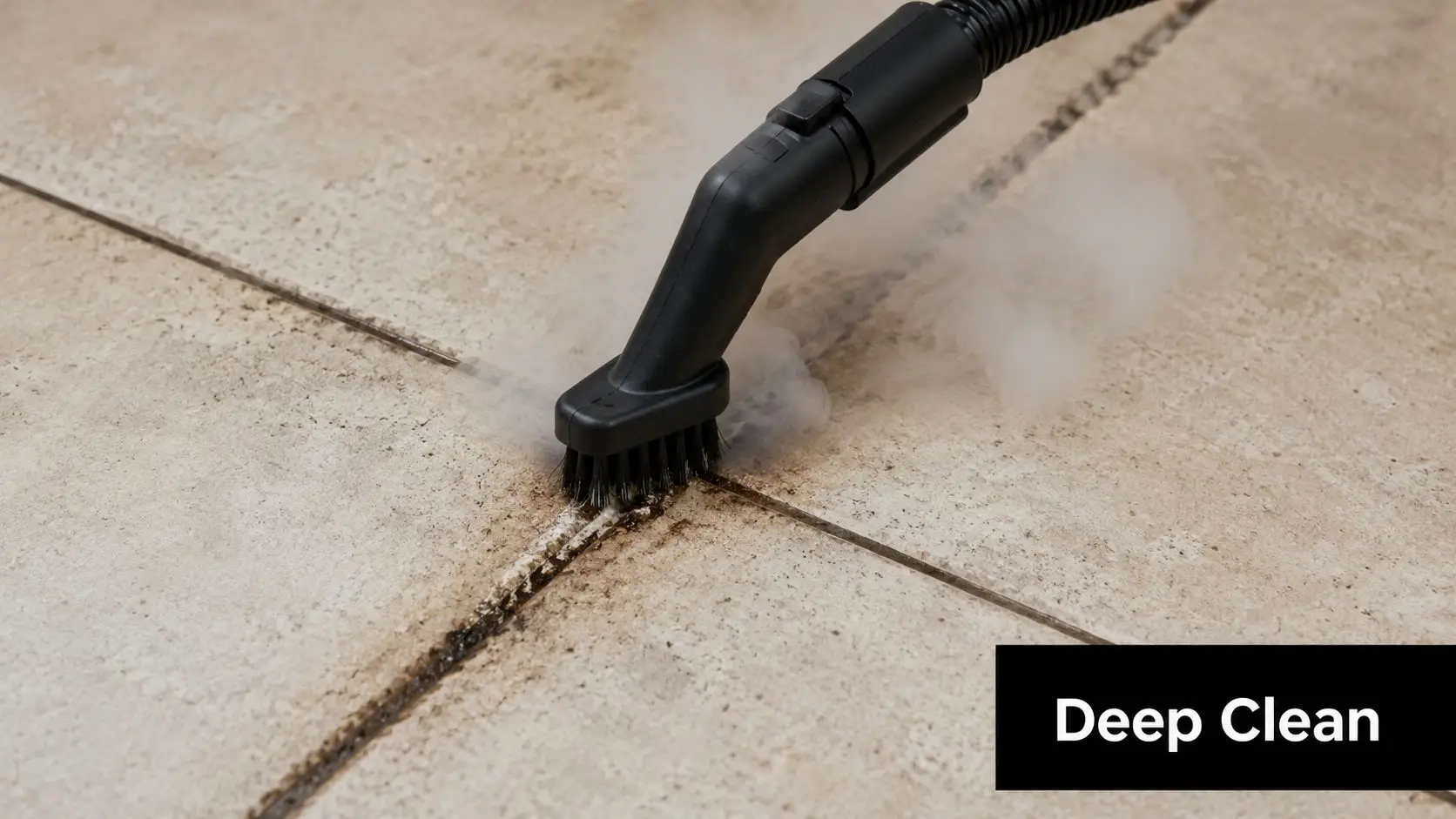 A steam cleaner nozzle cleaning dark grout between light-colored ceramic floor tiles, effectively removing dirt and grime.