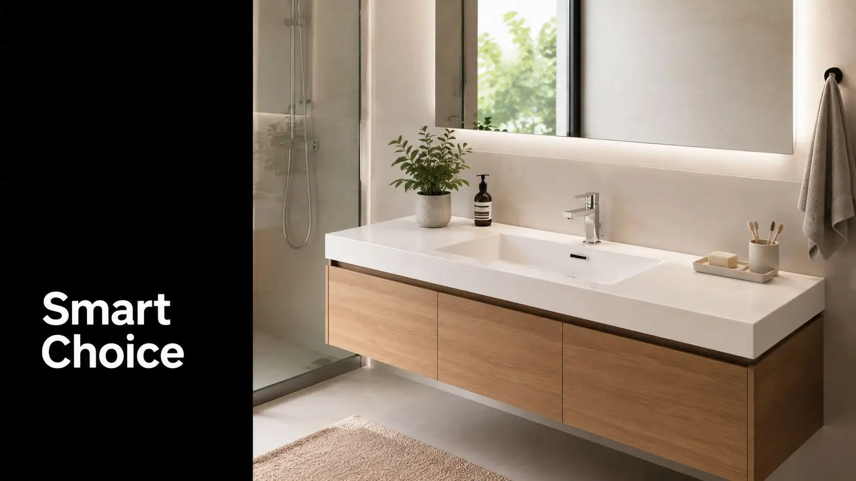 A modern bathroom vanity with a white integrated sink, wood cabinets, and minimalist accessories on a countertop.