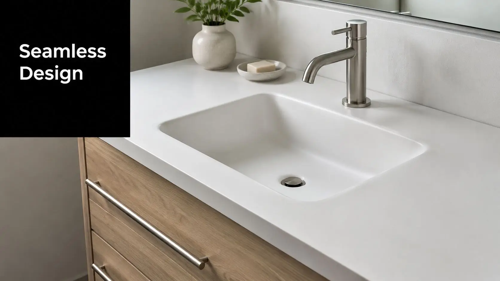 A modern bathroom vanity featuring a seamless integrated white sink and a brushed nickel faucet on wood cabinetry.