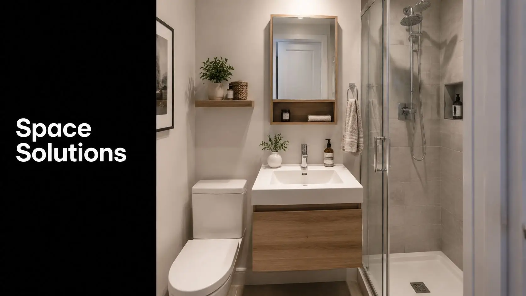 A modern small bathroom featuring a floating wooden vanity, an integrated white sink, and a glass shower stall.