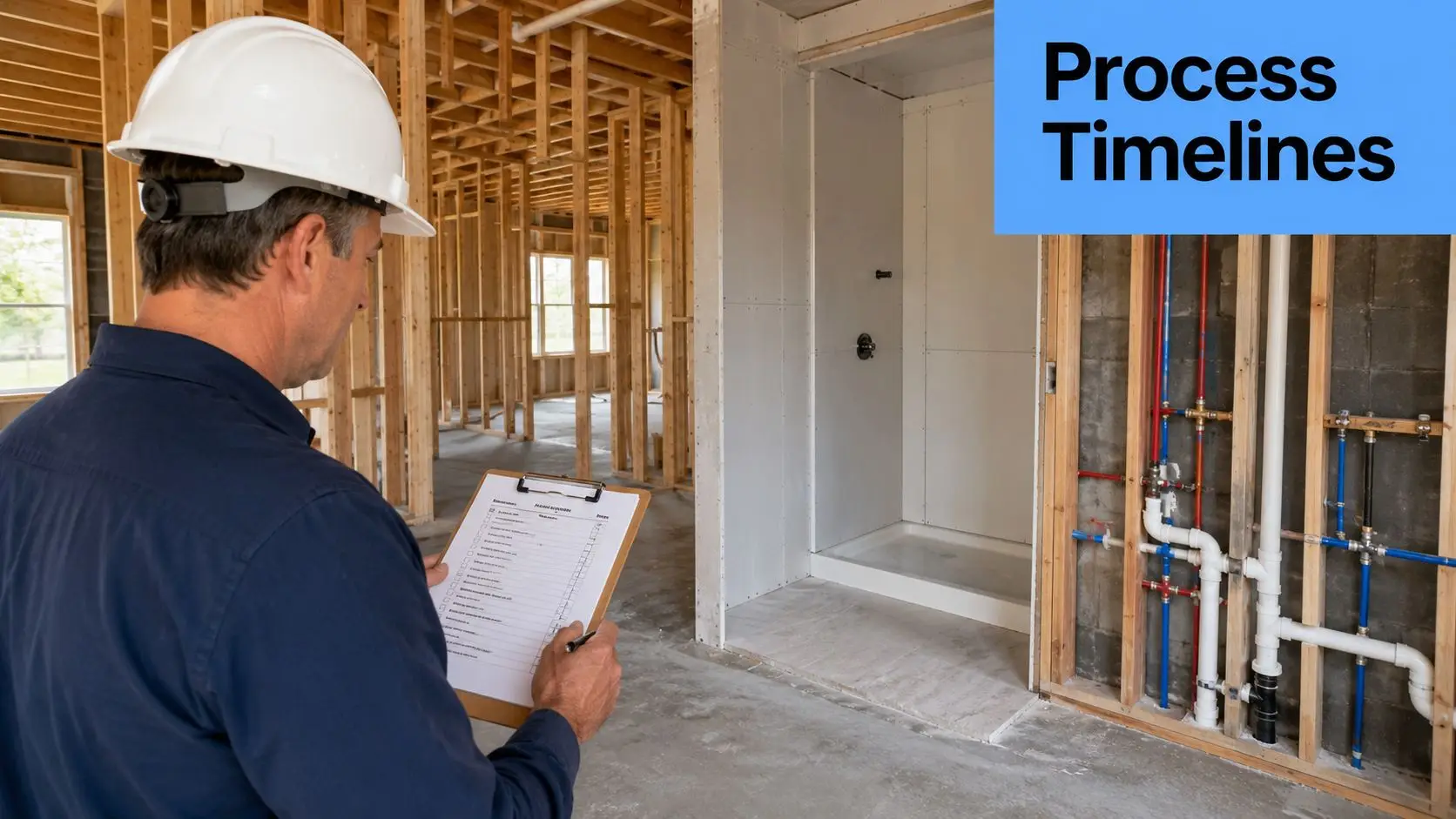 A construction inspector with a clipboard checking a home renovation project with exposed plumbing and framing.