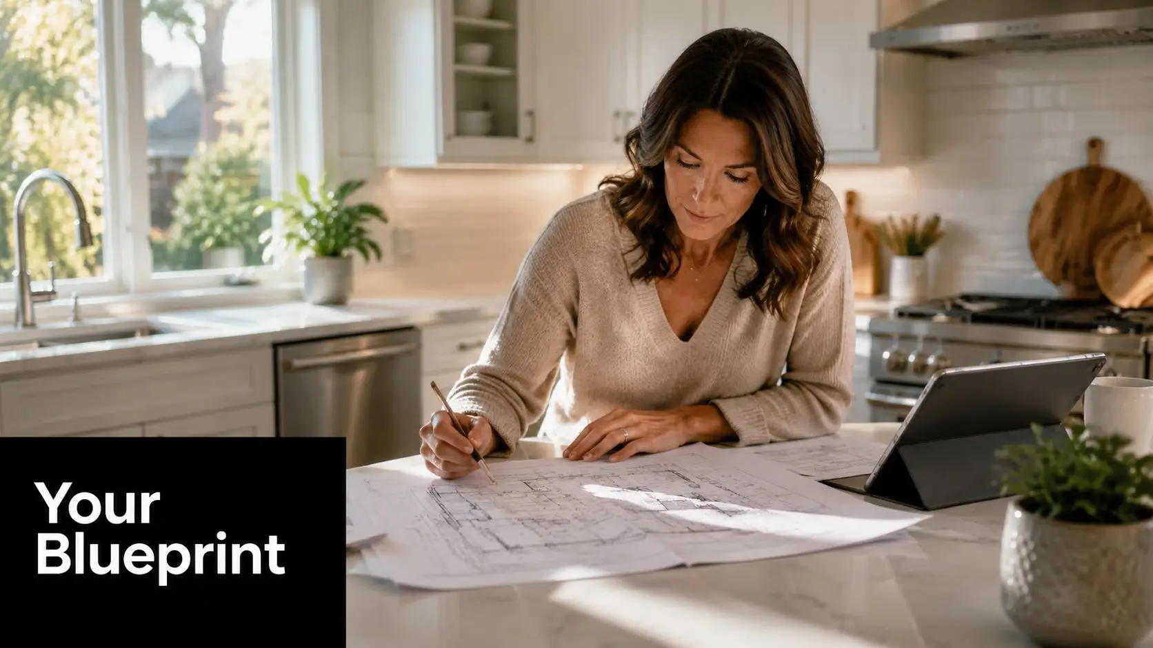 A woman working on house renovation blueprints while sitting at a clean kitchen counter at home.