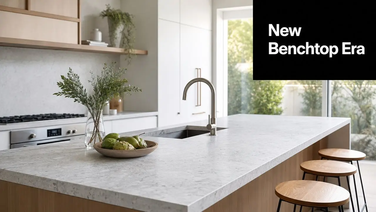 A modern kitchen island with a stone benchtop, wooden stools, and fresh greenery in a bright home.