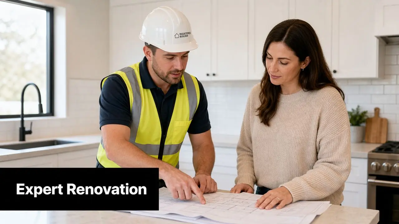 A builder in a hard hat discusses renovation blueprints with a woman in a modern kitchen.