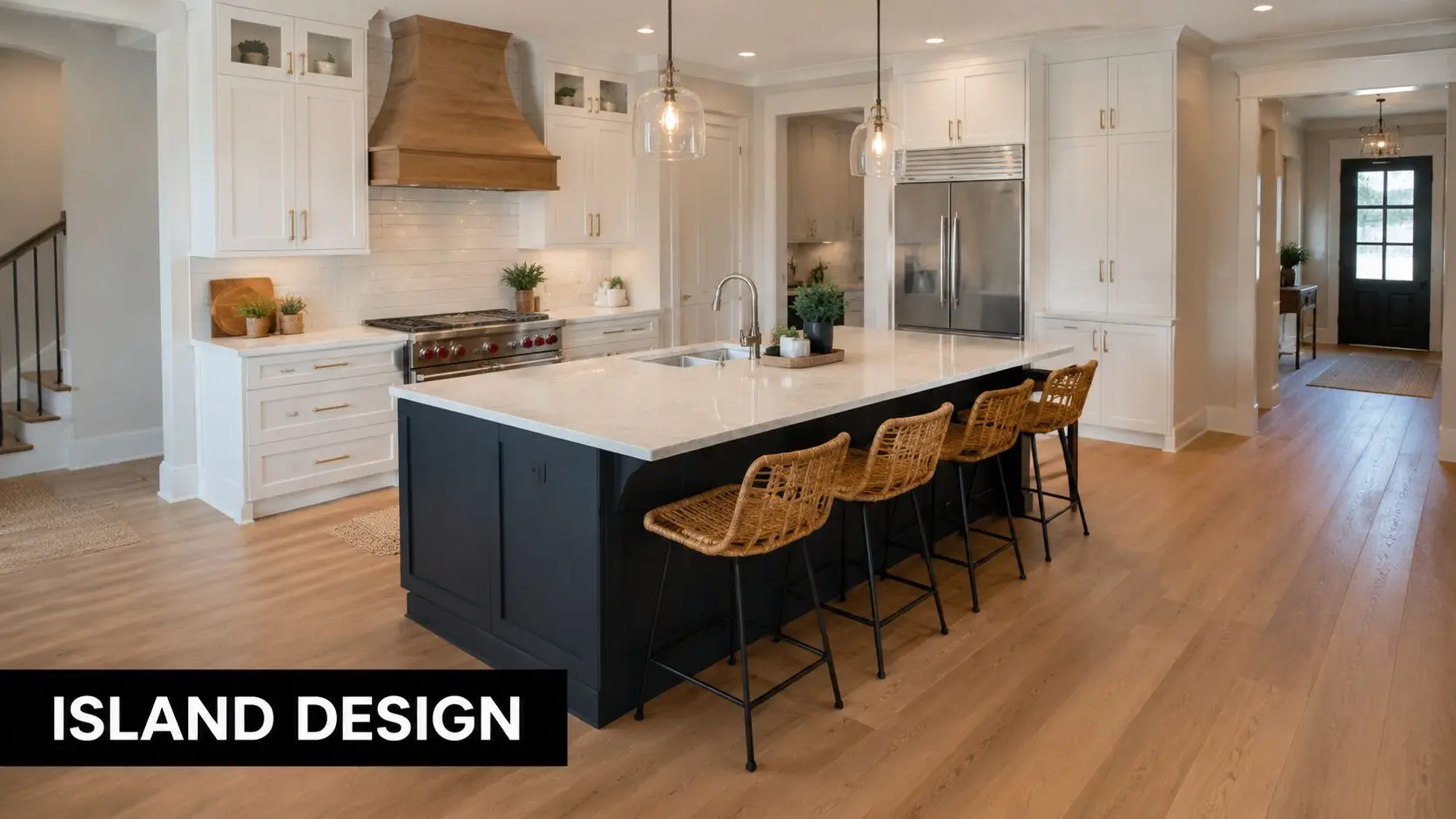 A modern kitchen interior featuring a blue central island with rattan bar stools and white cabinetry.
