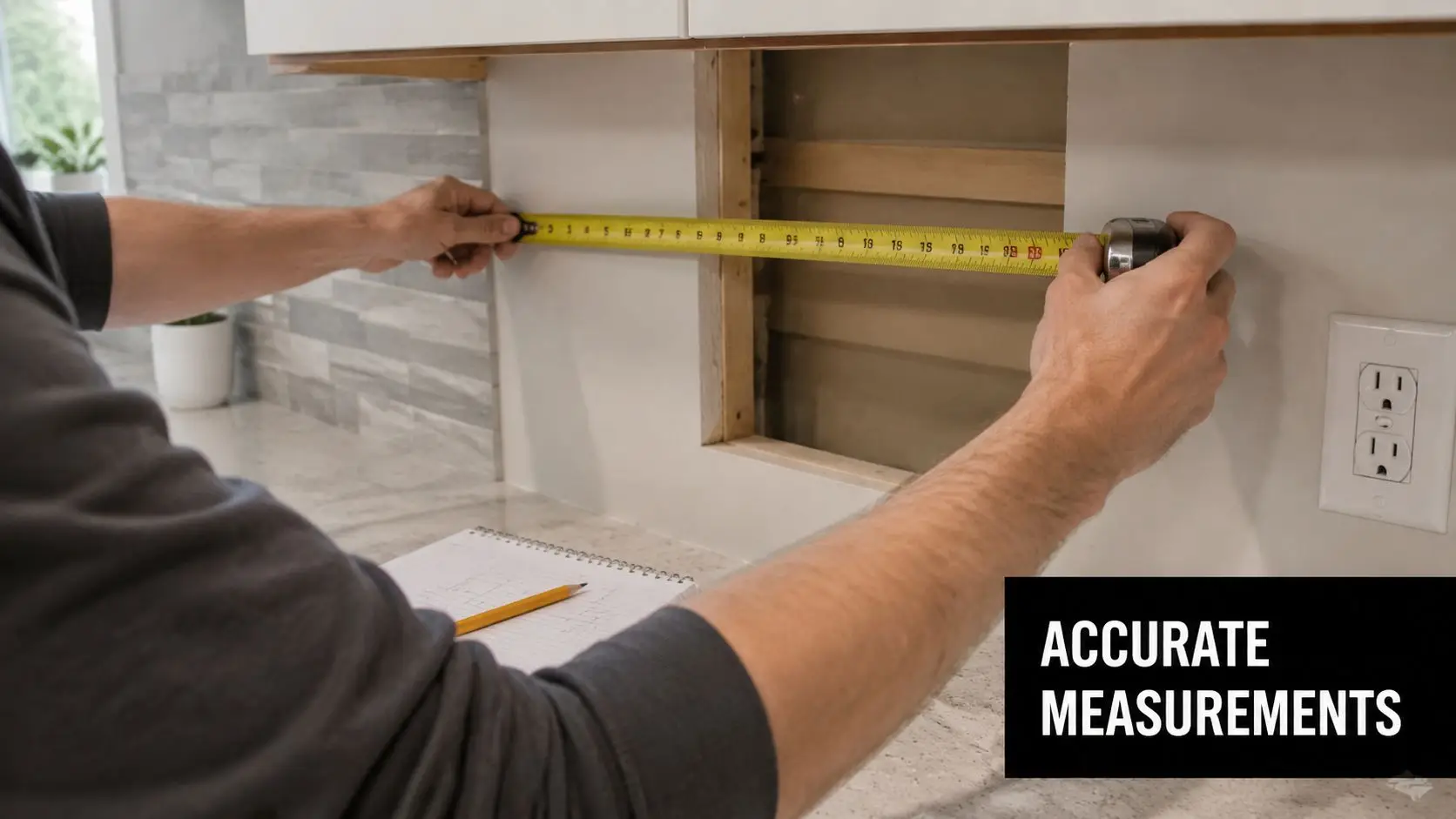 A person using a yellow tape measure to record dimensions of a wall cutout in a kitchen.