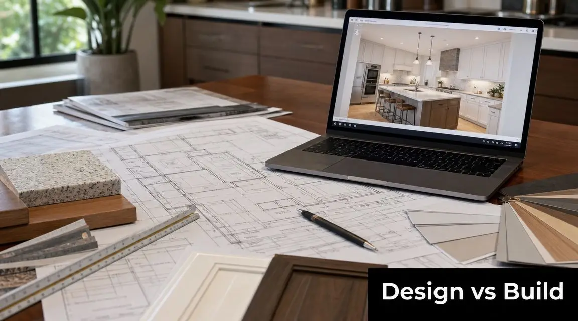 A professional interior design workspace featuring architectural blueprints, a laptop showing kitchen renderings, and material samples.