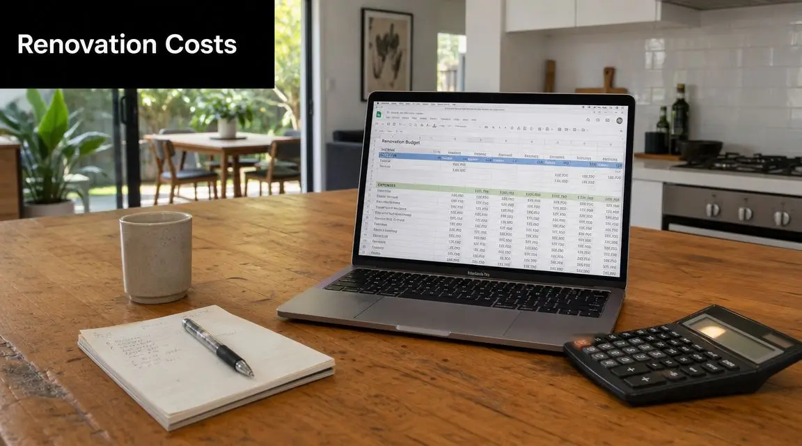 A laptop showing a renovation budget spreadsheet sitting on a wooden table with a calculator and notepad.