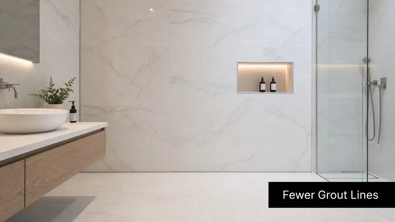 A minimalist, modern bathroom featuring white large format marble tiles with minimal grout lines on walls and floors.