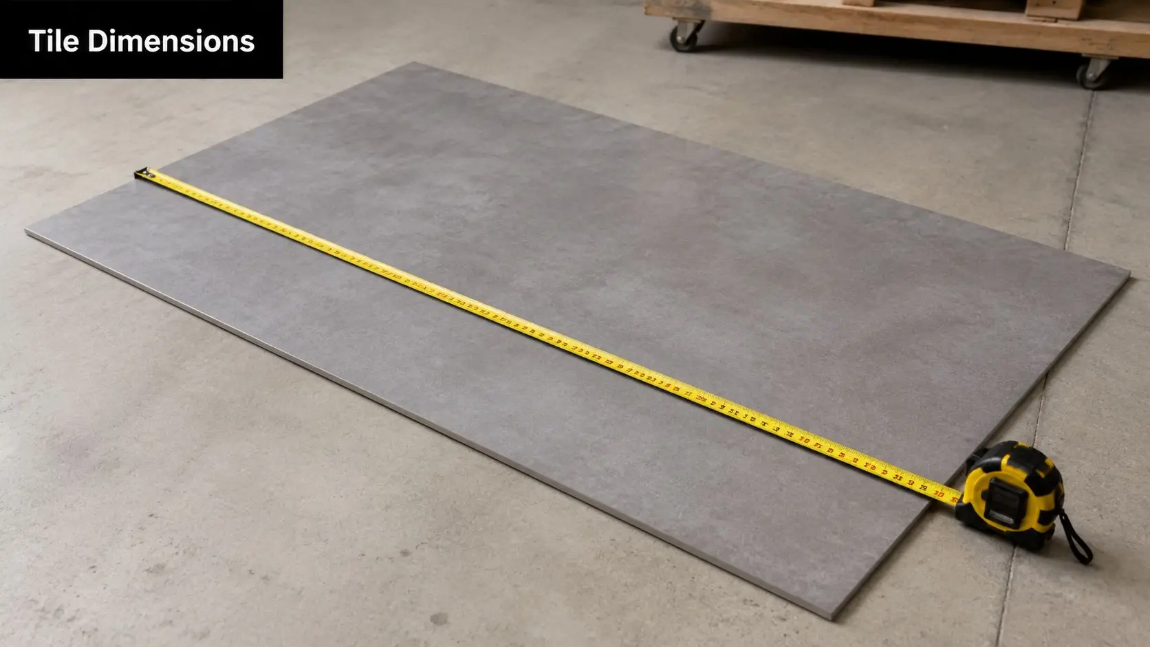 A large grey tile being measured diagonally with a yellow measuring tape on a concrete floor.