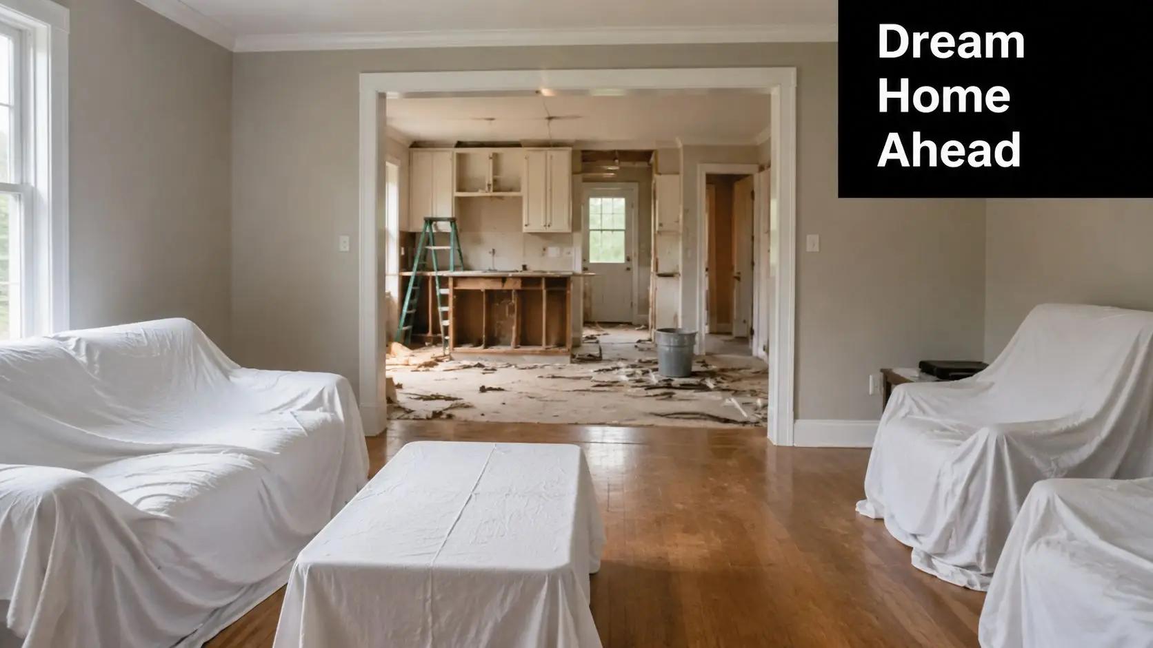 A living room with white covered furniture looking into a home kitchen under heavy interior renovation.