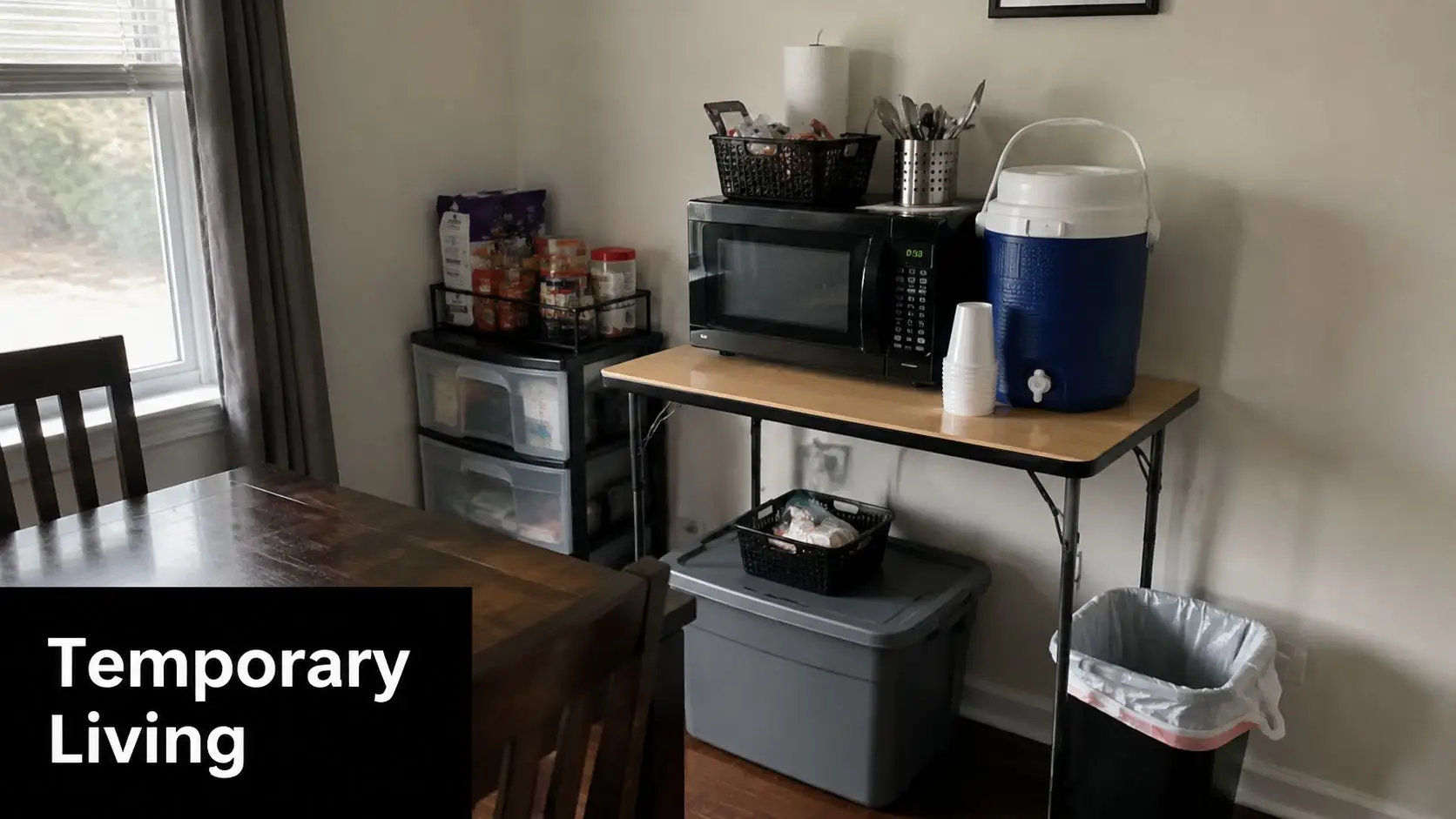 A temporary kitchen setup with a microwave and water cooler on a folding table in a house.