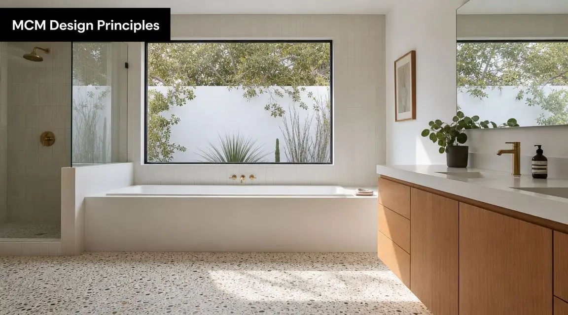 A modern bathroom with a white bathtub, light wood vanity, and terrazzo flooring under a large window.