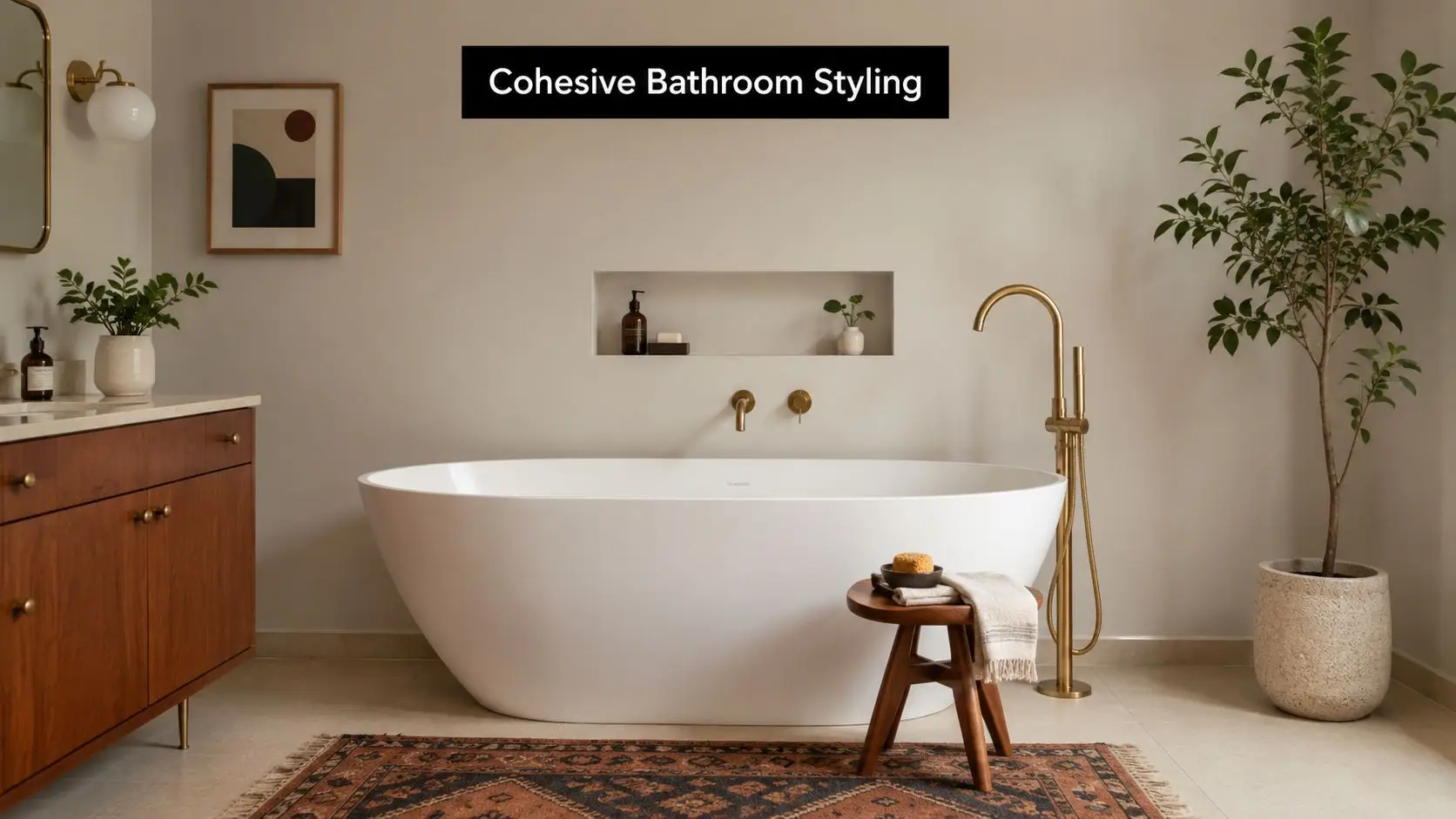 A modern bathroom with a freestanding white bathtub, wooden stool, rug, and brass fixtures on beige walls.