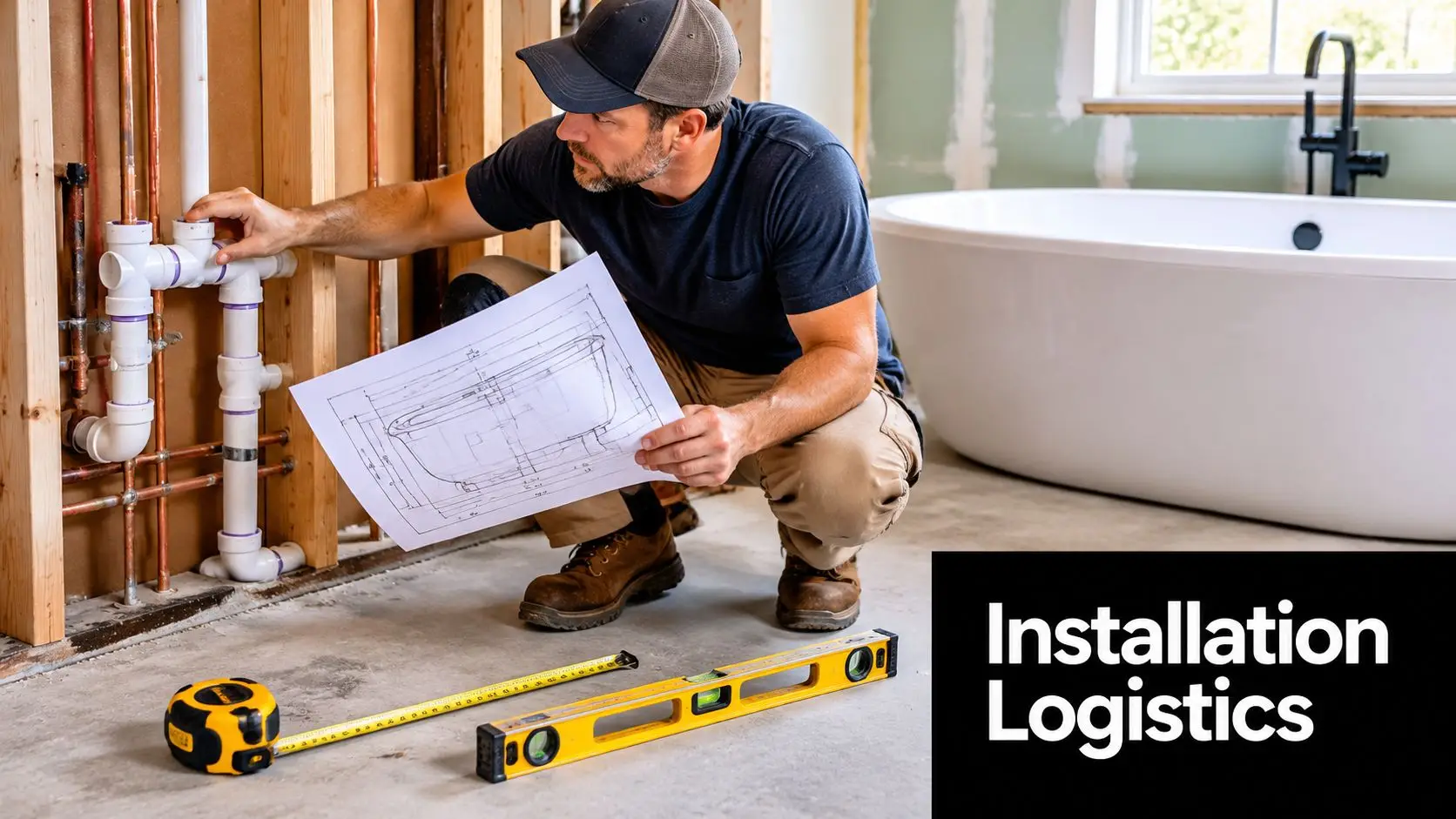 A professional plumber checks pipes while referencing a bathroom blueprint in a house under construction.