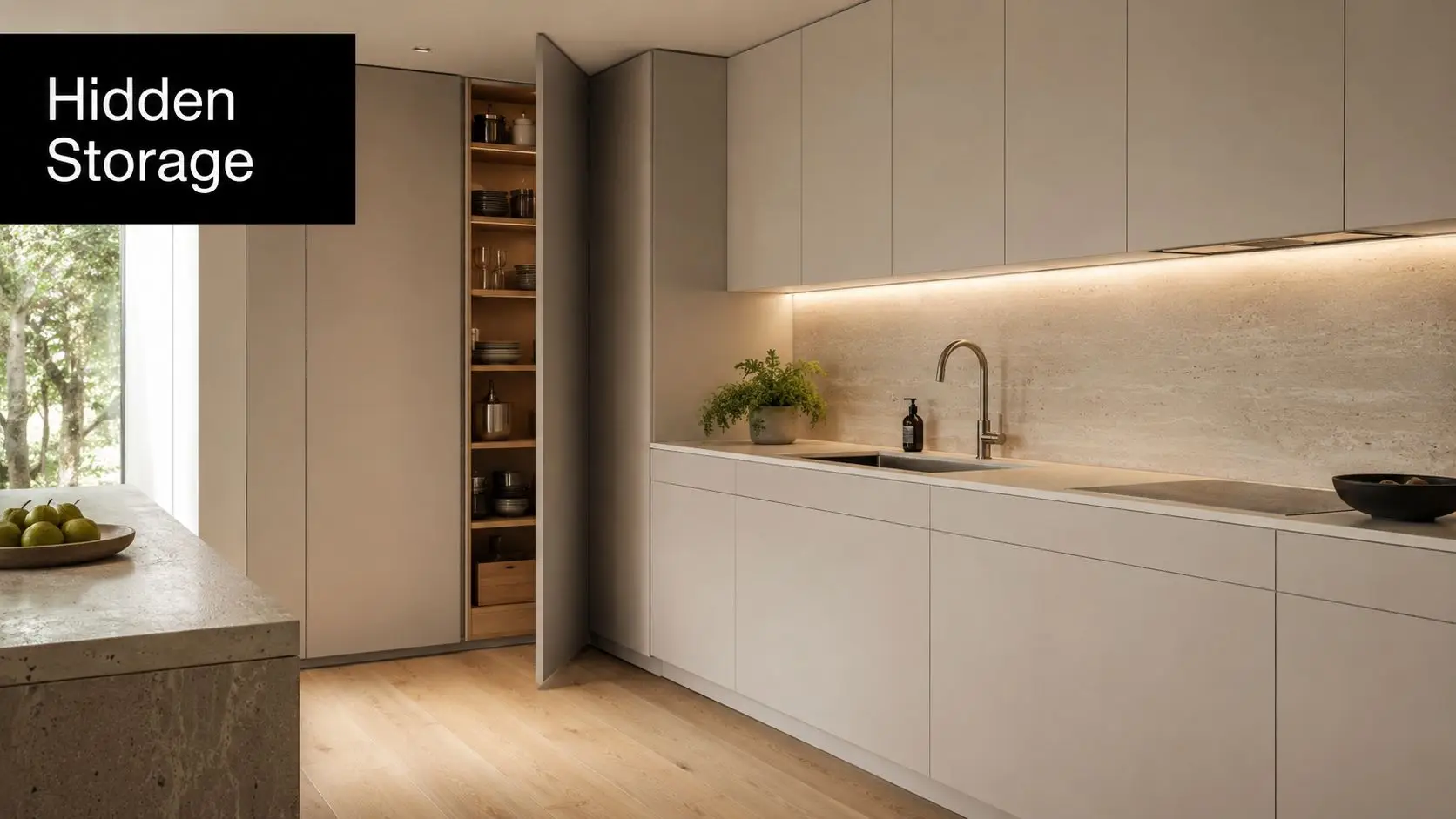 A modern kitchen interior featuring seamless cabinetry with a hidden pantry door and elegant light stone countertops.