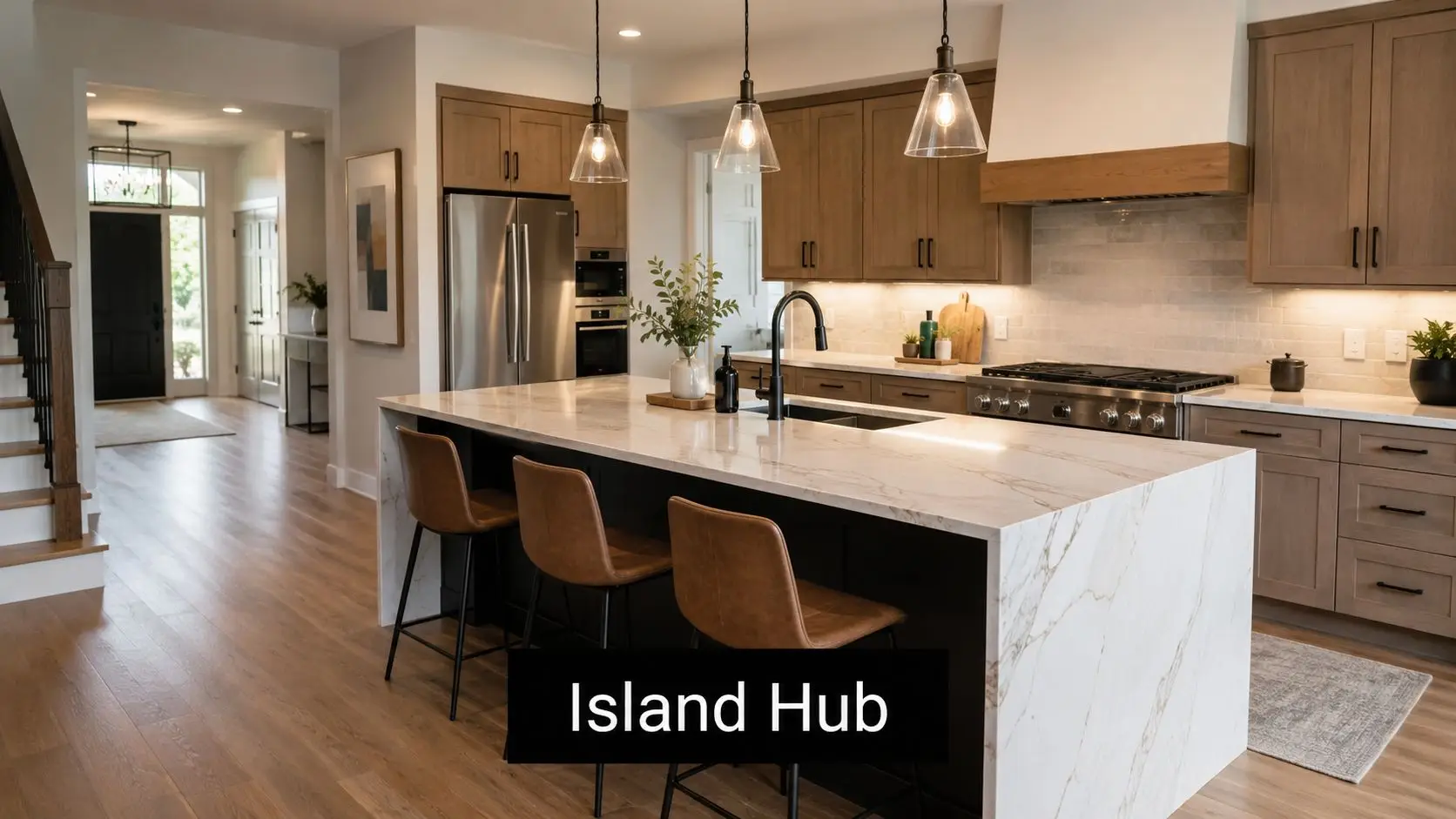 A modern kitchen interior featuring light wood cabinets, a marble waterfall island, and three leather bar stools.
