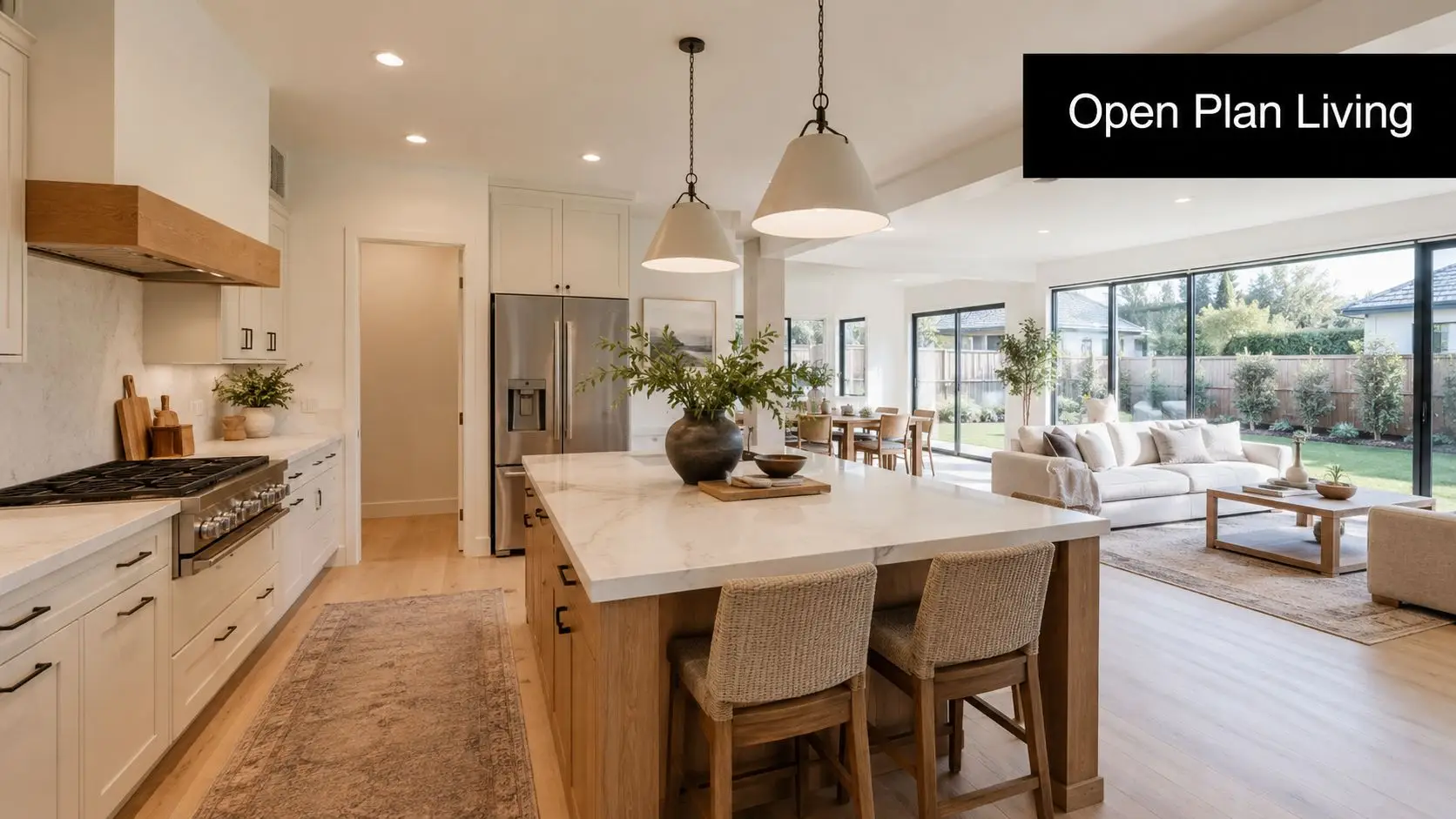 A modern open plan kitchen and living room featuring white cabinetry, a marble island, and floor-to-ceiling glass doors.