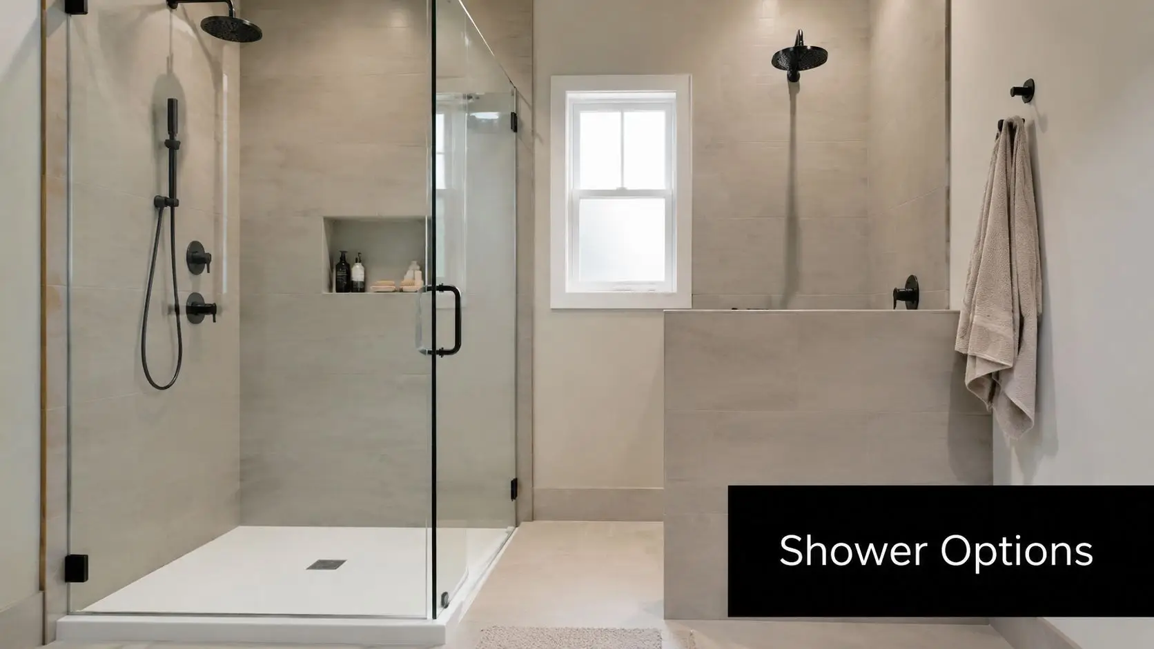 A modern bathroom featuring a walk-in glass shower enclosure and a built-in nib wall with matte black fixtures.