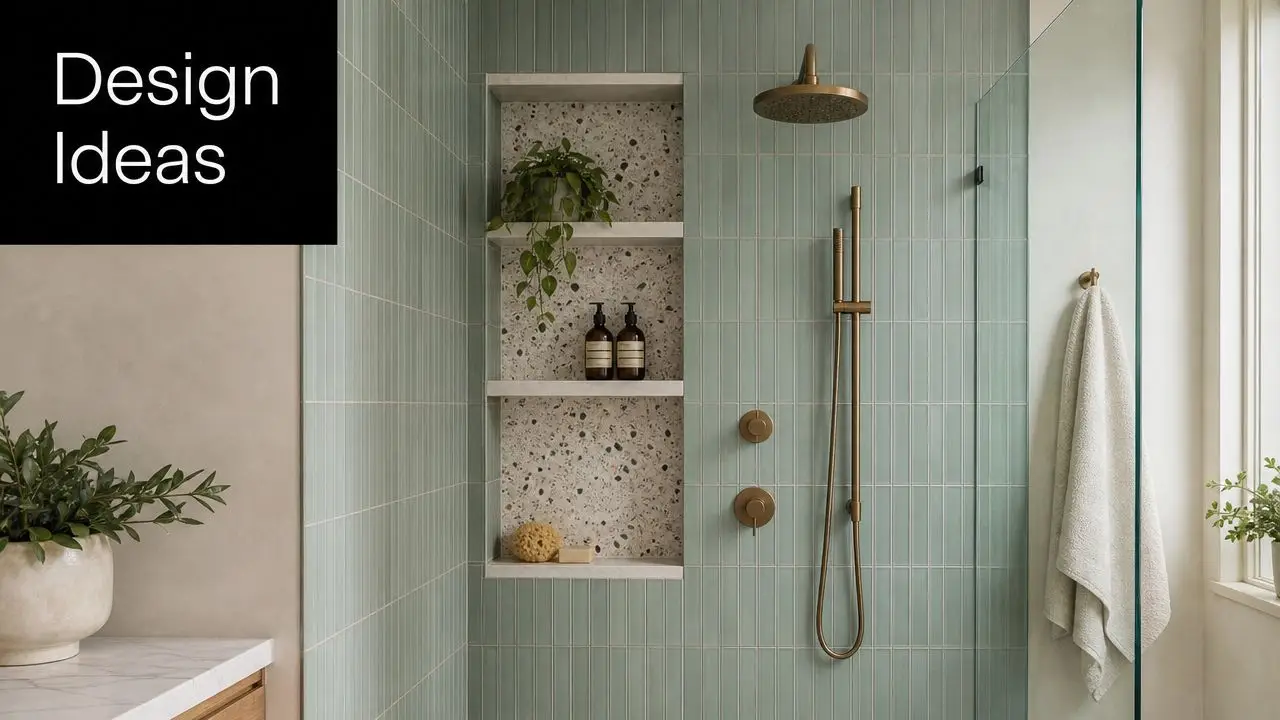 A modern bathroom shower area featuring light green vertical tiles, a terrazzo tiled wall niche, and brass fixtures.