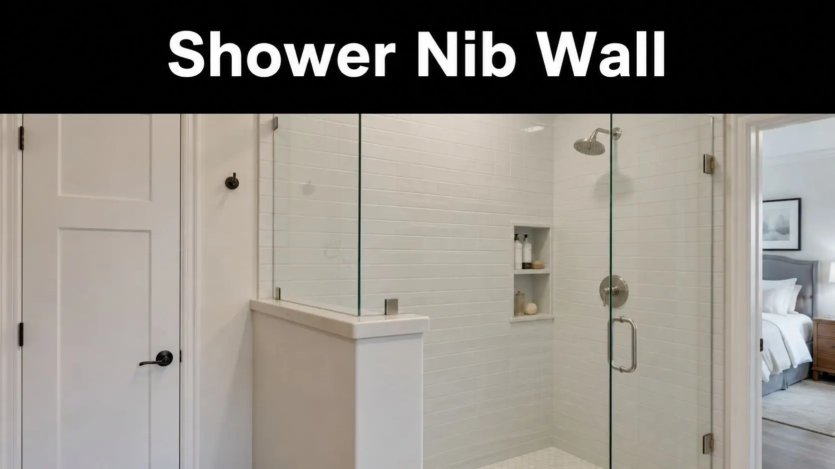 A modern bathroom featuring a white tiled shower enclosure with a glass door and a nib wall.