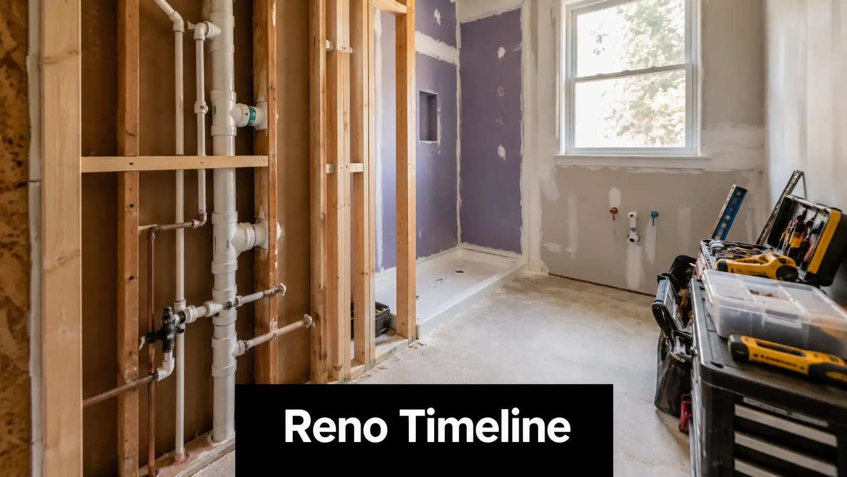 An unfinished bathroom under construction with exposed wooden wall studs, plumbing pipes, and a shower base.