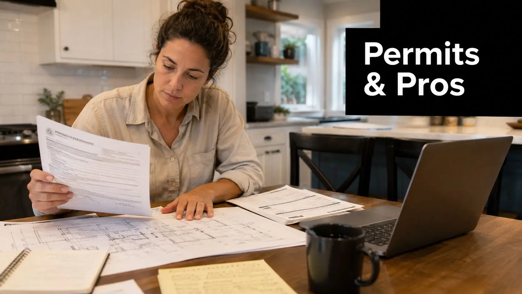A woman reviewing building permits and architectural floor plans on a wooden table at home.