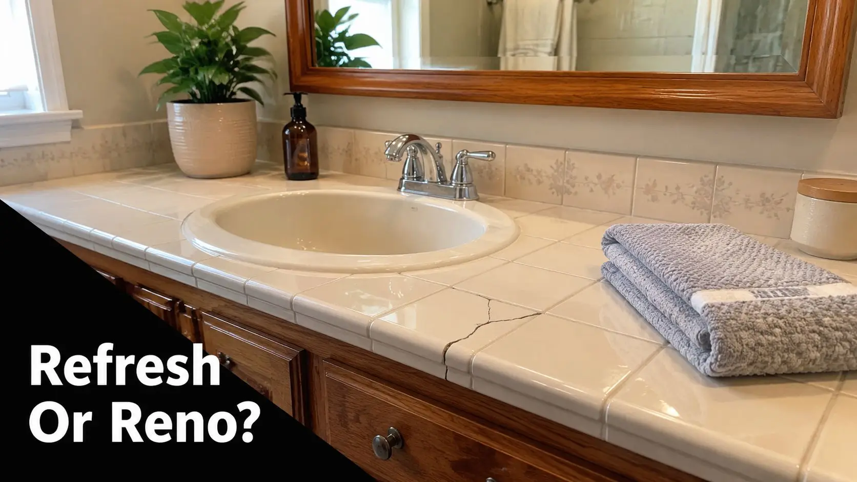 A bathroom vanity with cracked ceramic tiles around the sink questioning whether to renovate the space.