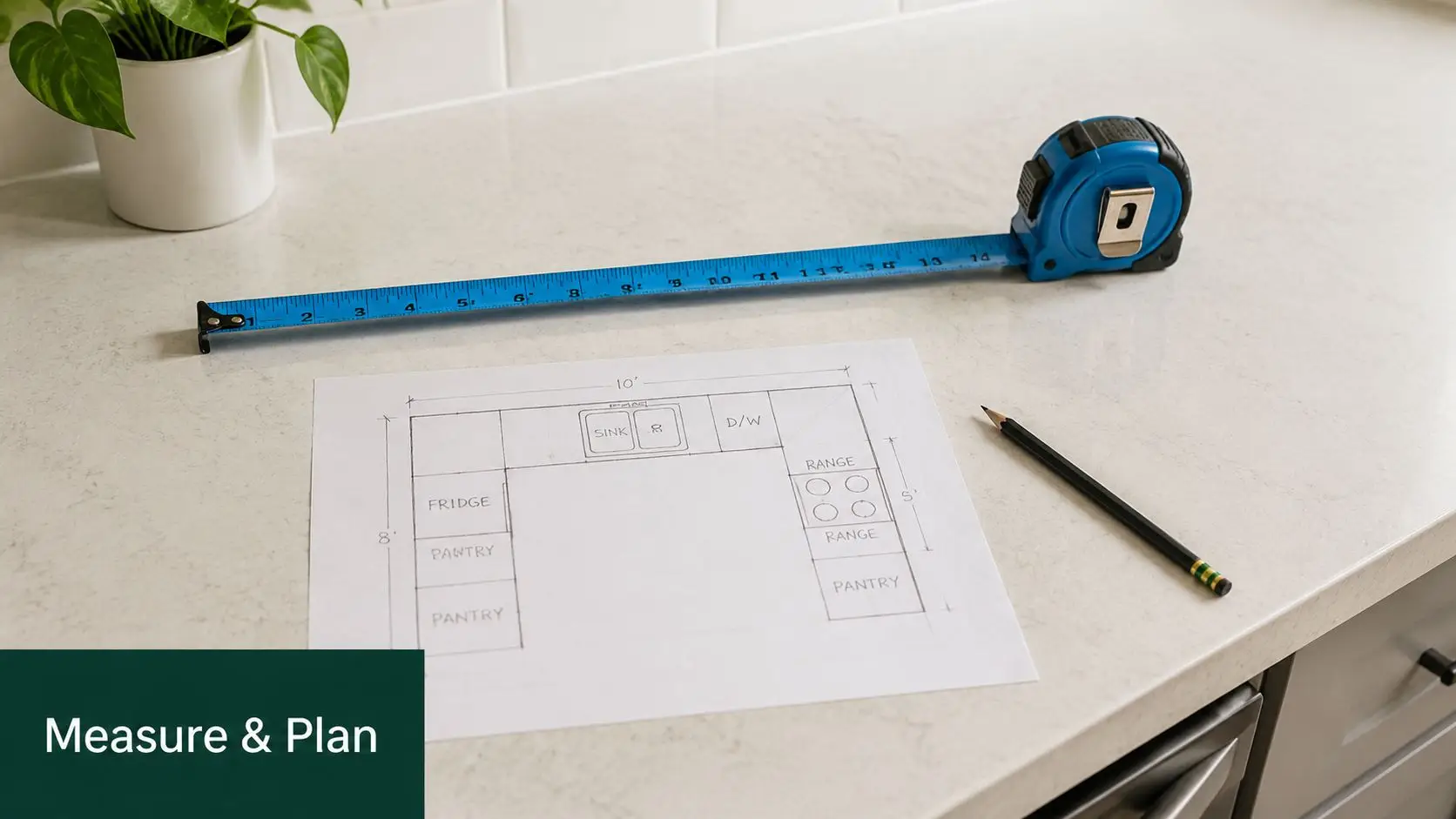 A blueprint of a U-shaped kitchen layout next to a measuring tape and a pencil.