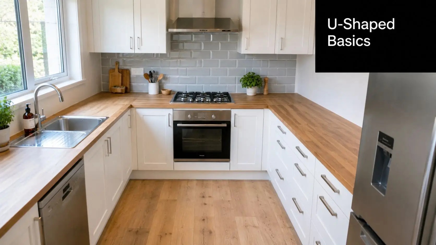 A modern U-shaped kitchen featuring white cabinetry, wooden countertops, a stainless steel oven, and light gray backsplash.
