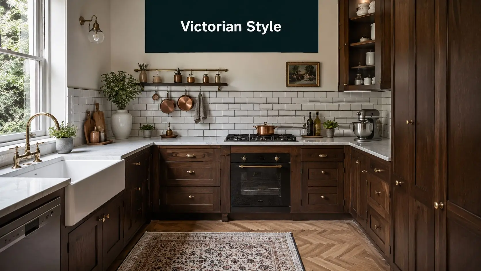 A luxurious Victorian style U-shaped kitchen with dark wooden cabinetry, marble countertops, and warm brass accents.