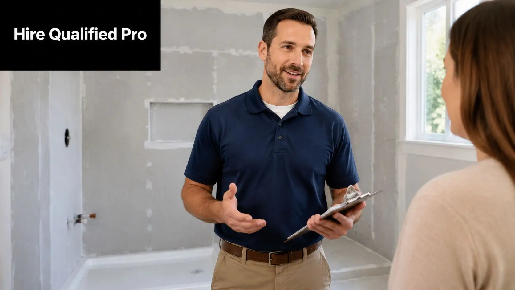 A professional contractor in a navy polo shirt consults with a homeowner inside a bathroom renovation site.