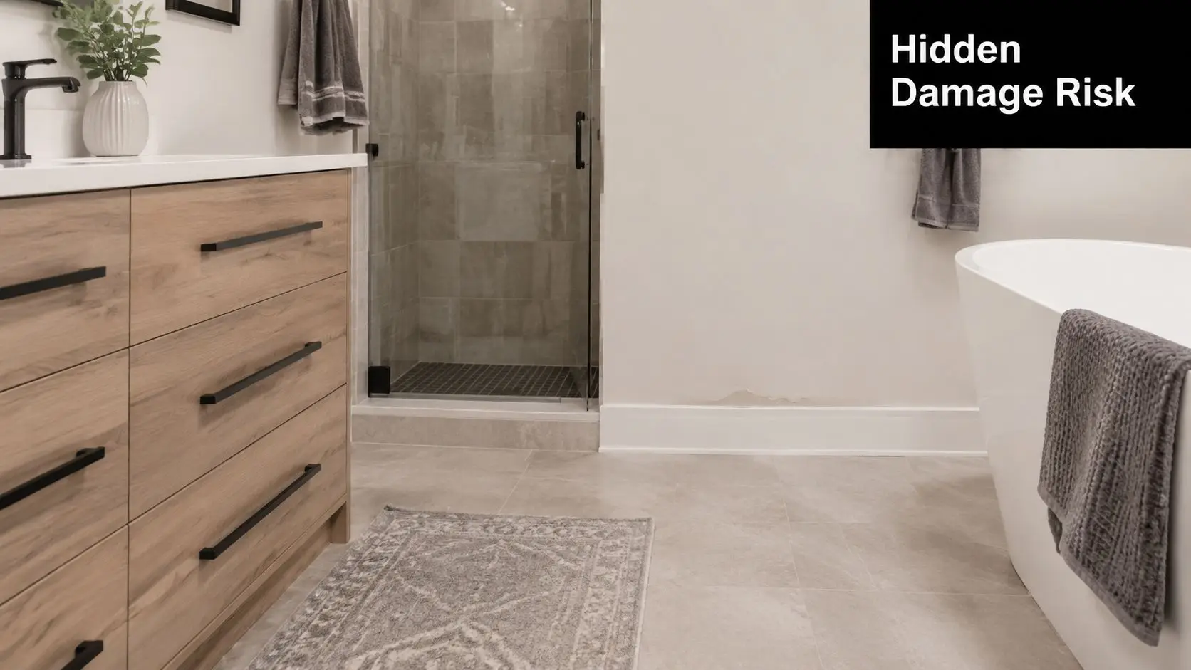 A modern bathroom showing potential moisture damage on the wall above the baseboard near the soaking tub.