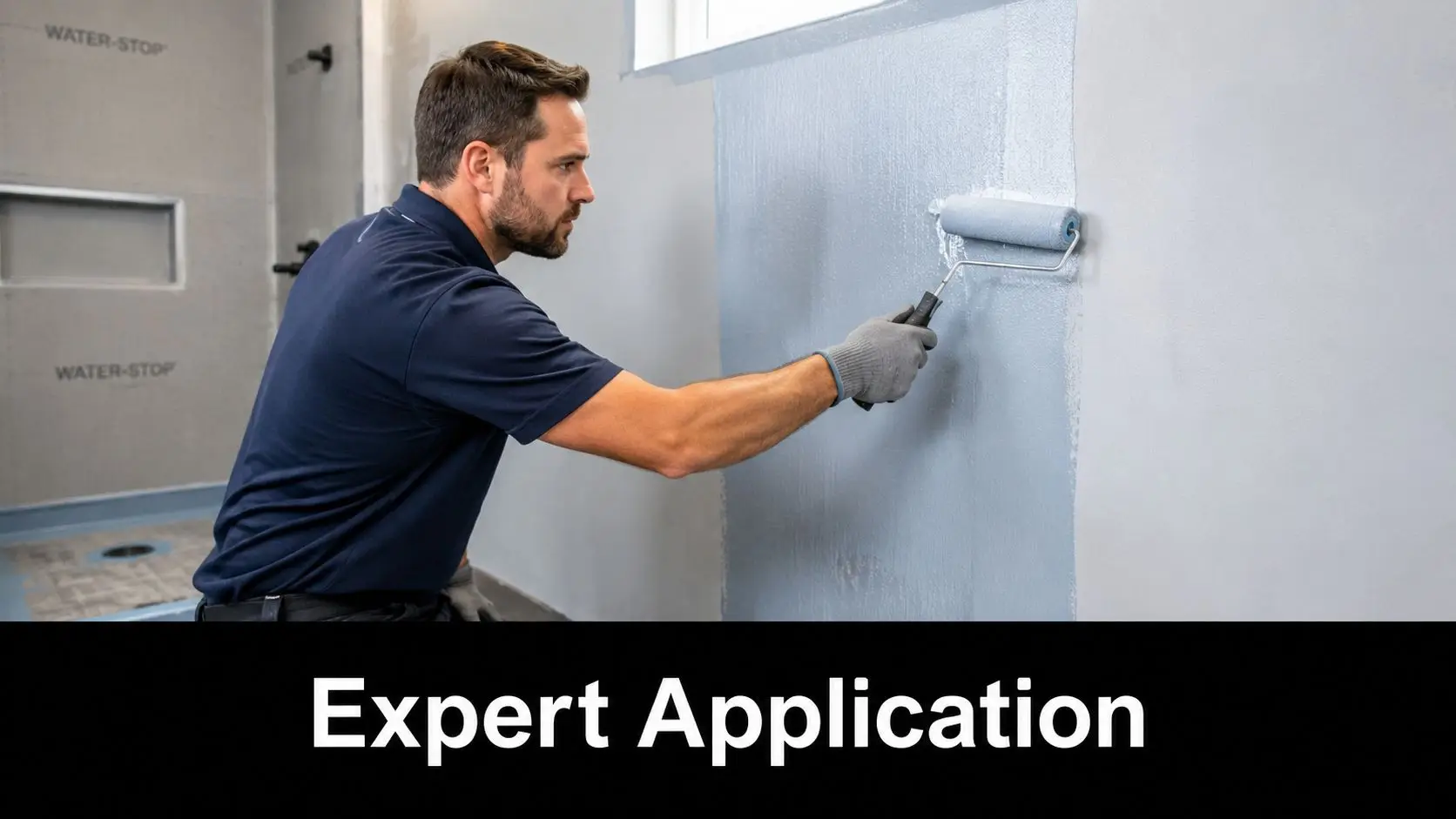 A professional tradesman applying waterproof sealant to a bathroom wall using a paint roller.