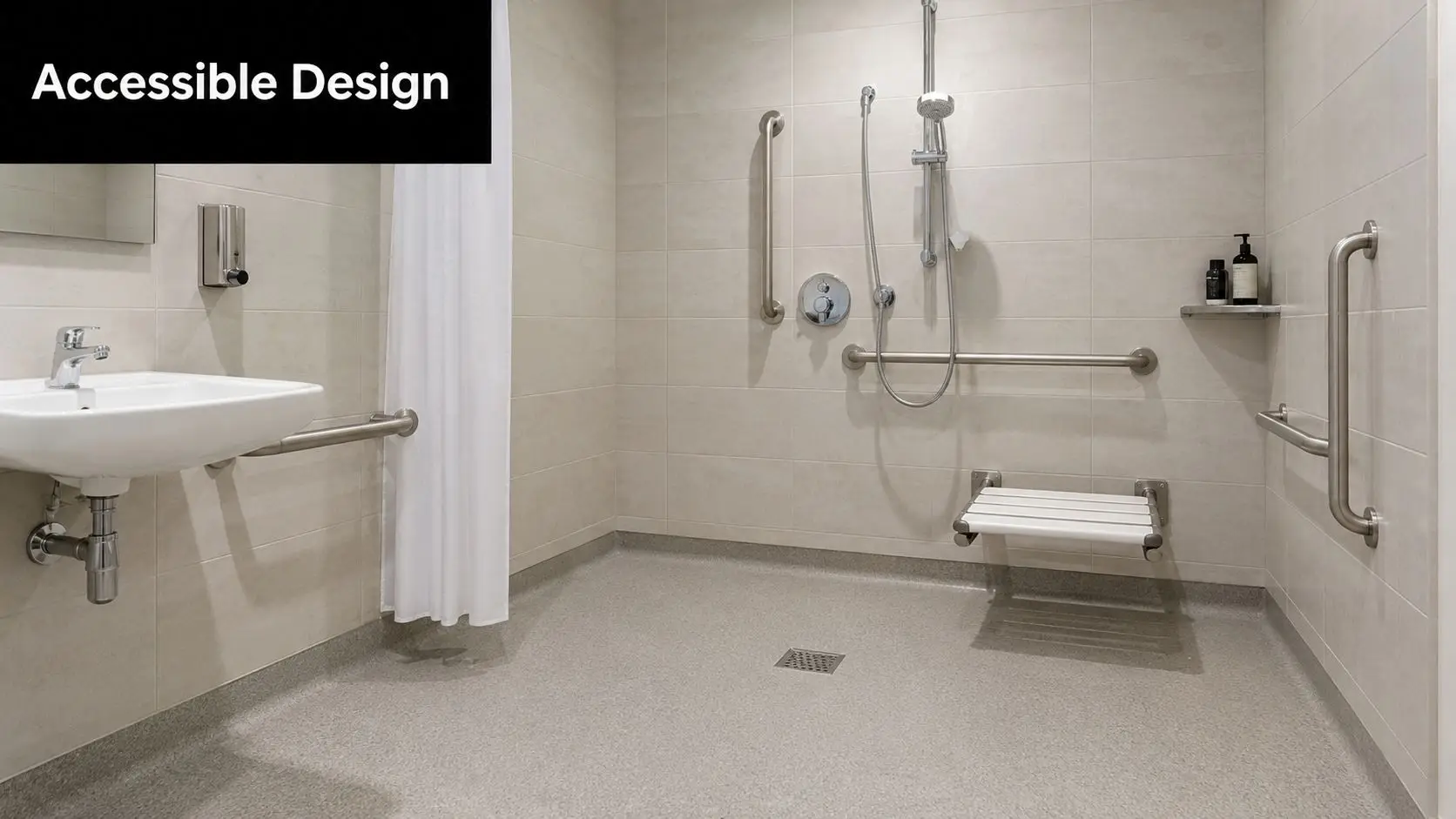 A modern, accessible wet room bathroom featuring a wall-mounted fold-down shower seat, grab rails, and basin.