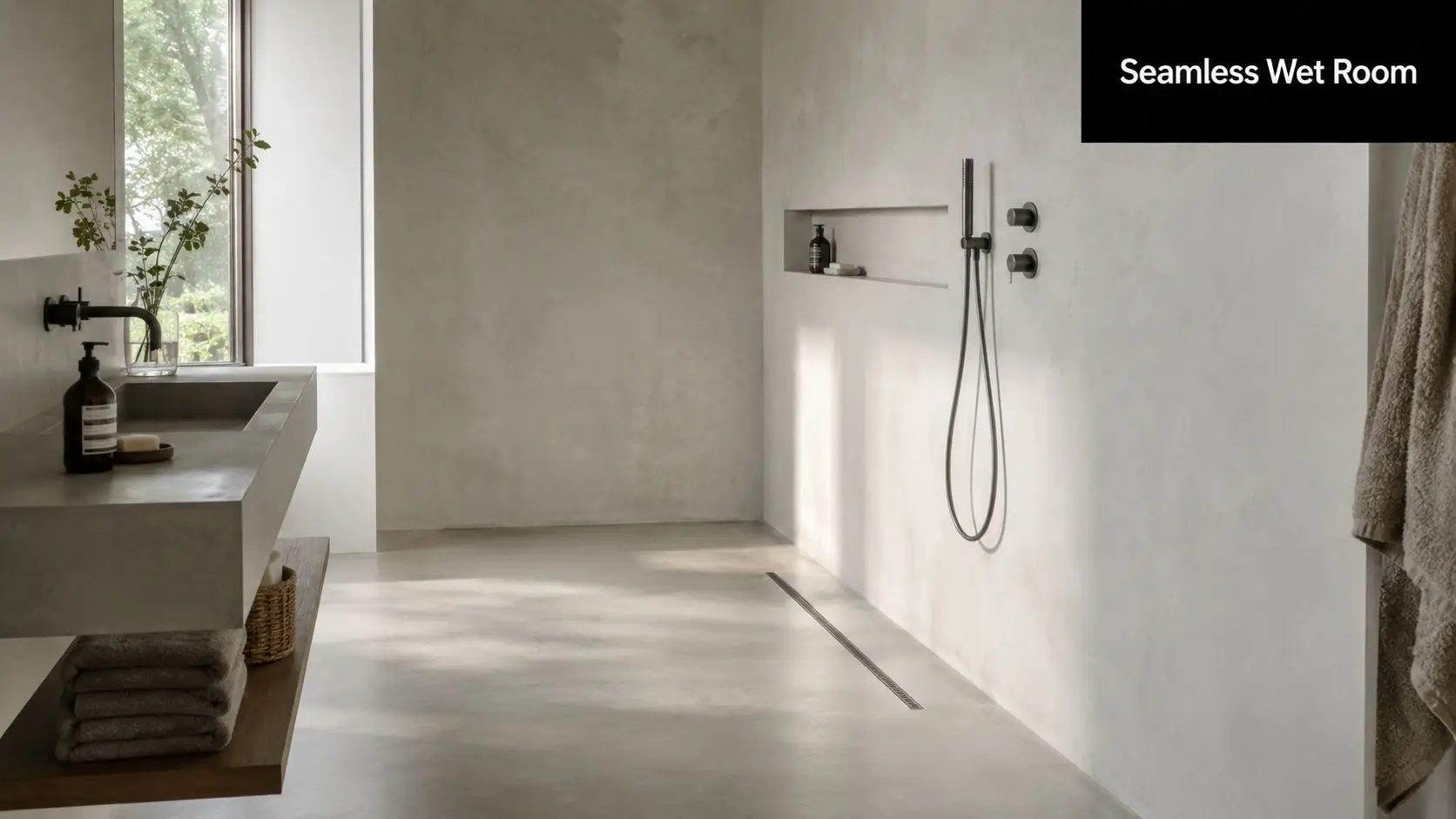 A modern, minimalist wet room bathroom featuring seamless concrete walls, a floating sink, and shower fixtures.