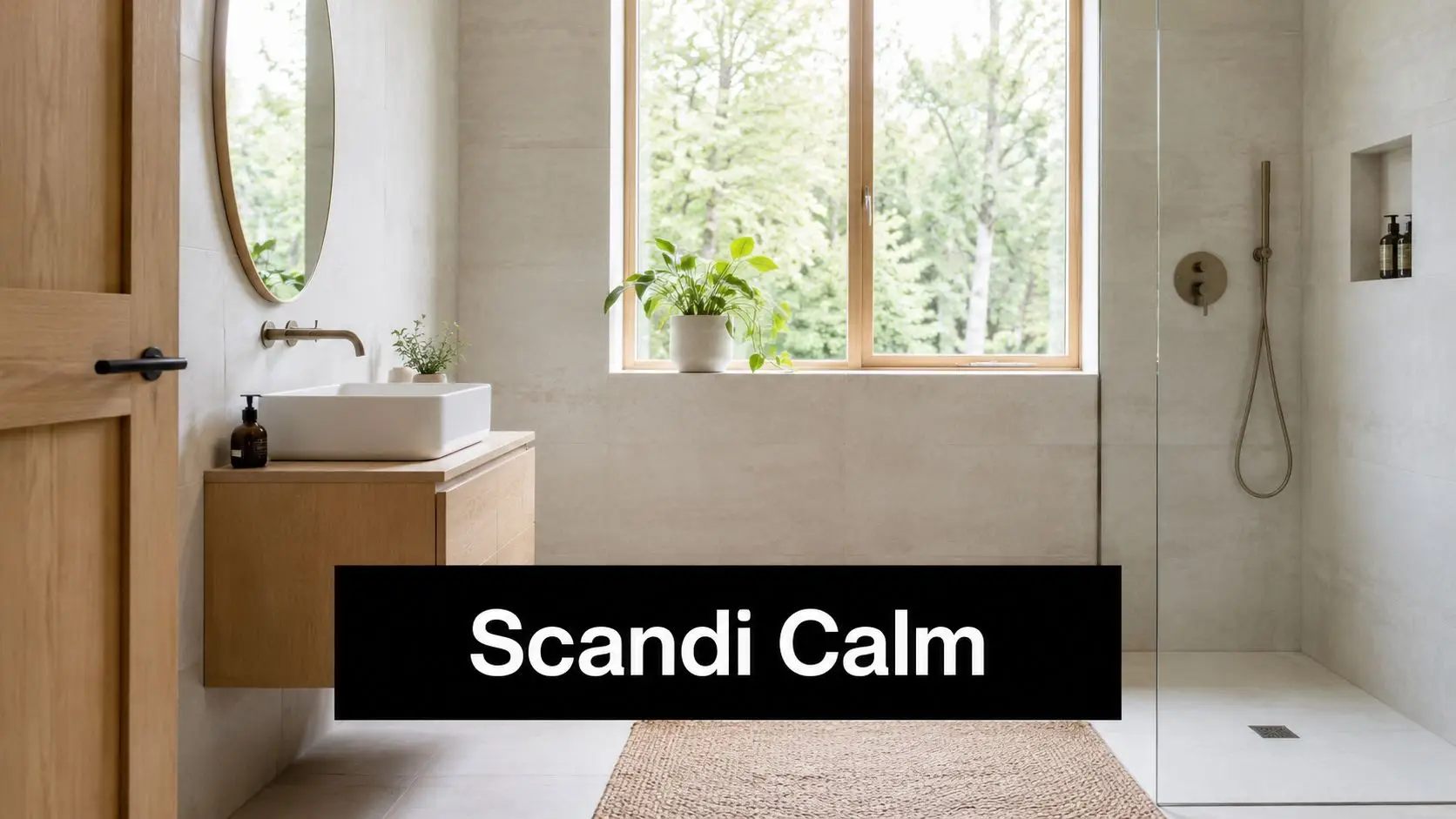 A modern Scandi-style bathroom with light wood vanity, a vessel sink, and a minimalist walk-in shower.