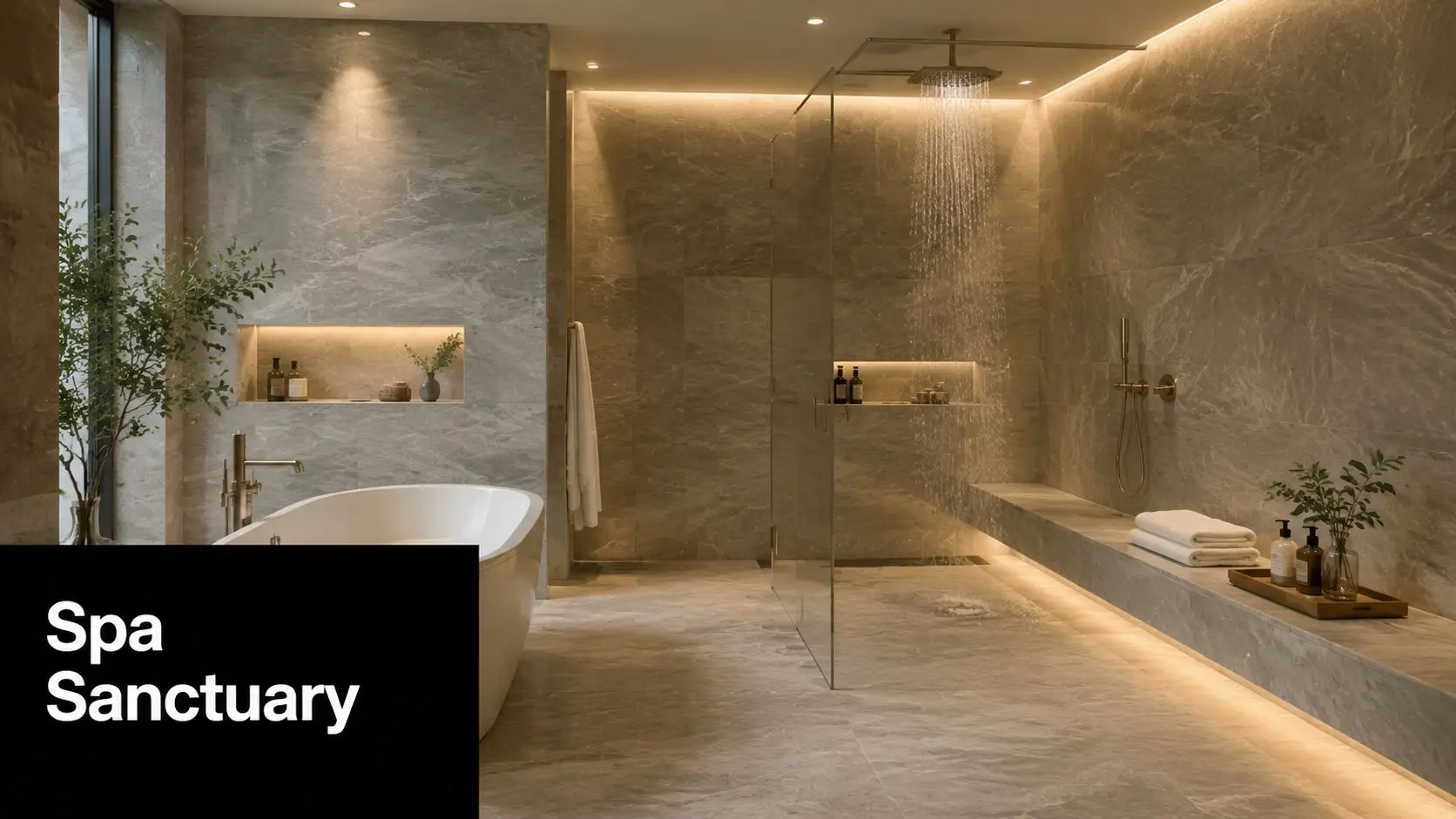A luxurious spa-inspired bathroom featuring a modern freestanding bathtub and a spacious walk-in rainfall shower.