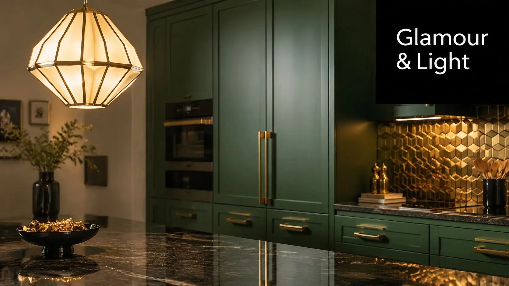 A modern Art Deco kitchen featuring dark green cabinets, gold hardware, and a geometric pendant light fixture.