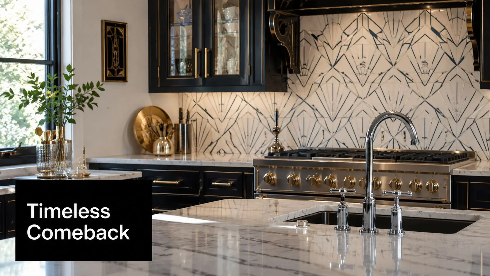 A luxurious kitchen with Art Deco patterns, black cabinets, gold hardware, and a white marble countertop.