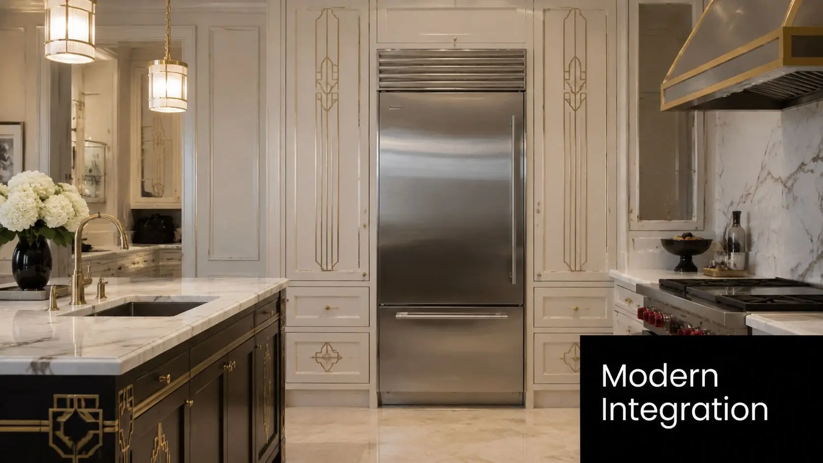 A luxurious kitchen featuring art deco cabinetry, a stainless steel refrigerator, and marble countertops in an elegant interior.