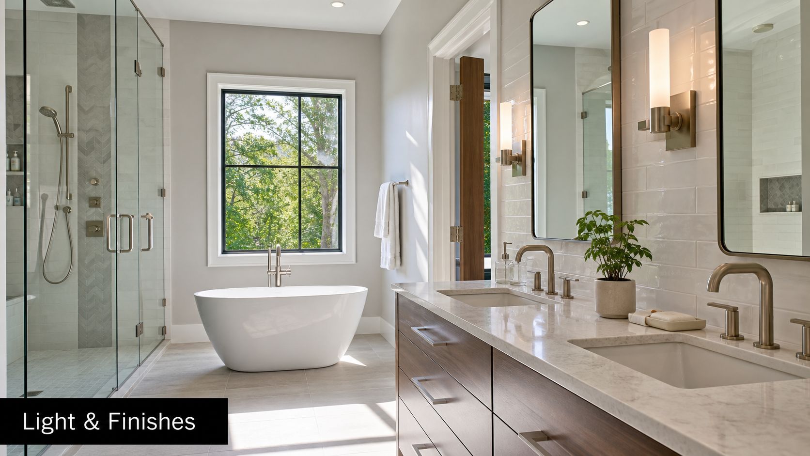 A modern bathroom design featuring a freestanding white bathtub, wooden vanity, and large glass shower enclosure.