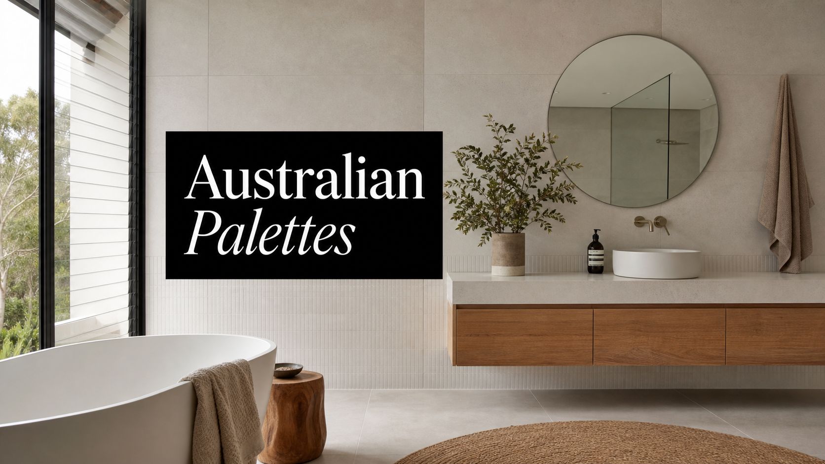 A modern, minimalist bathroom design featuring earthy tones, natural wood vanity, round mirror, and a serene atmosphere.