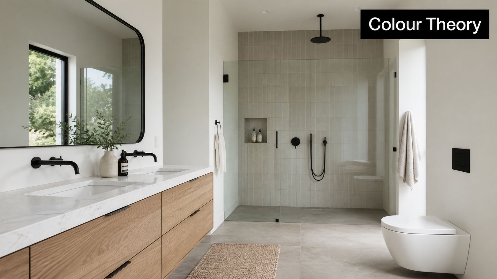 A modern bathroom design featuring a light oak vanity, marble countertop, and a spacious glass-enclosed shower.